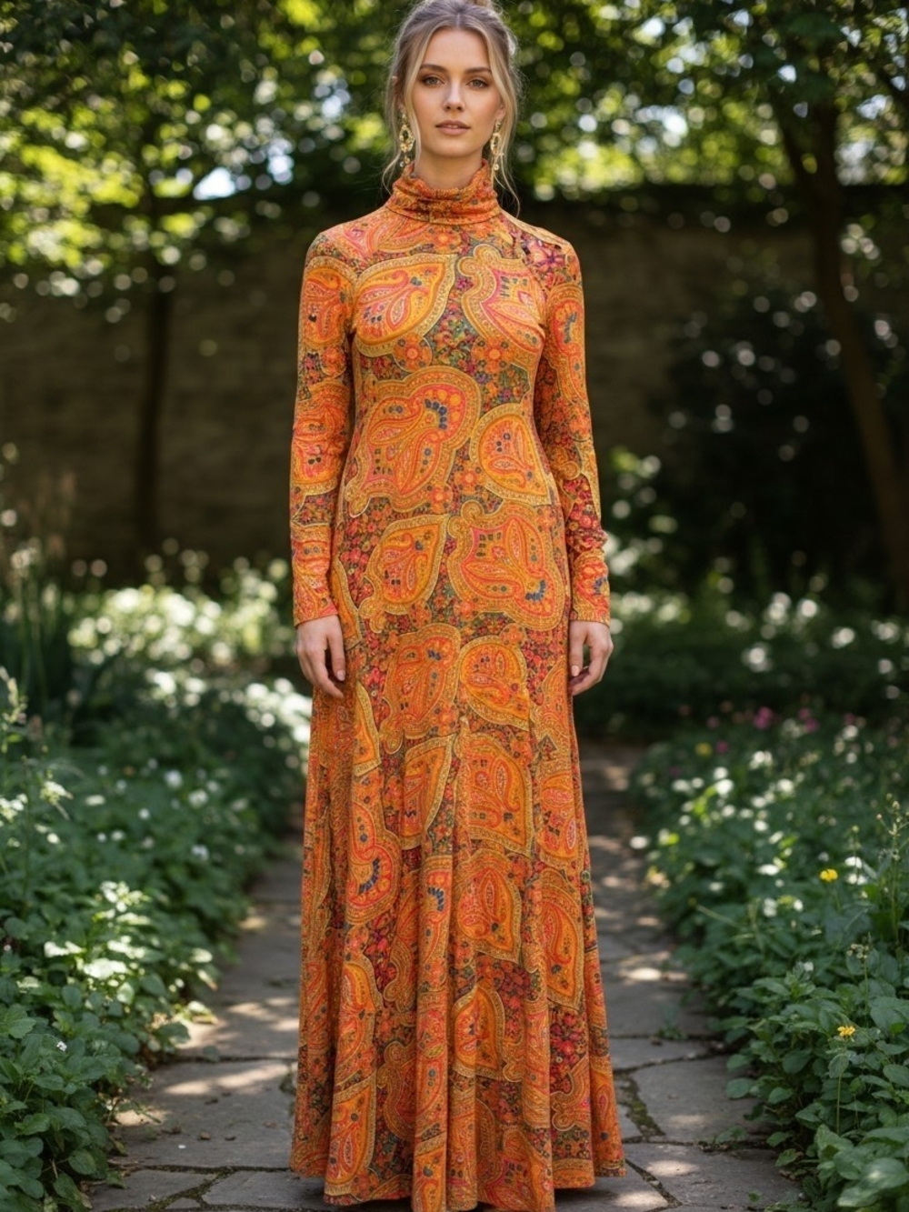 Vintage a Royal Robe Bullock's Wilkshire High-Neck Orange Paisley Maxi Dress